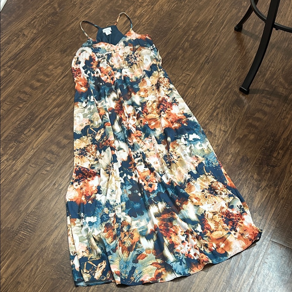 Nicole Miller Blue and Orange Floral Maxi Dress